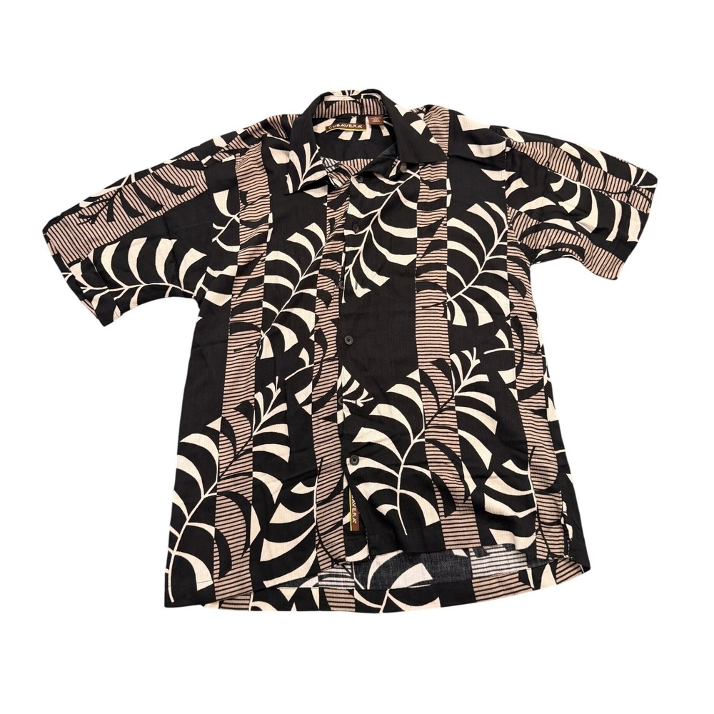 Cubavera Palm Leaf Button Down Shirt Mens Small Black Beige Tropical Rayon Camp - Picture 1 of 8